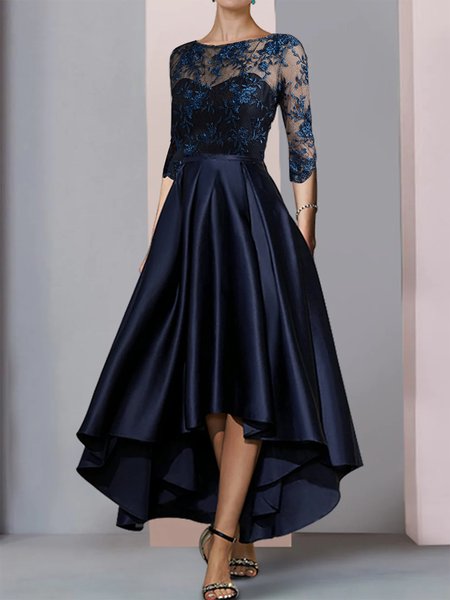 

Elegant Lace Plain Boat Neck Dress Wedding Dress, Dark blue, Formal Dresses