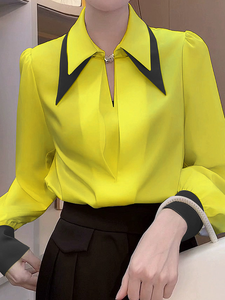 

Urban Loose Shirt Collar Long Sleeve Color Block Blouse, Yellow, Blouses and Shirts