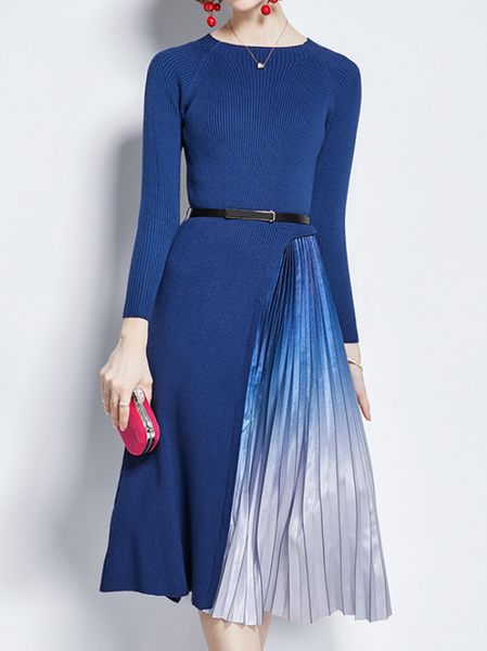 

Women Plain Crew Neck Long Sleeve Comfy Casual Midi Dress, Blue, Maxi