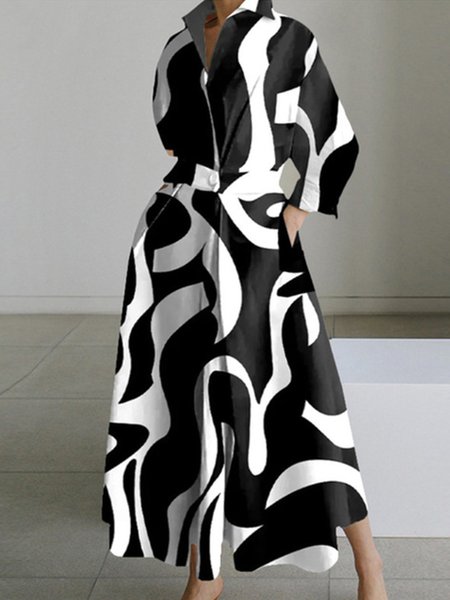 

Urban Abstract Shirt Collar Midi Dress With No Belt, Black-white, Maxi Dresses