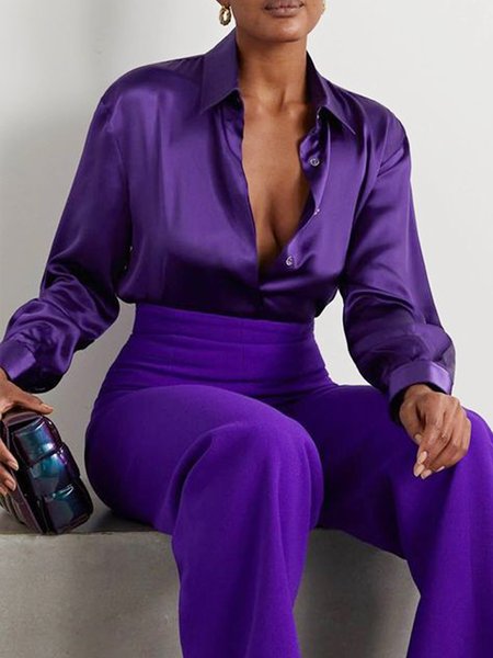

Long Sleeve Urban Shirt Collar Regular Fit Blouse, Purple, Blouses and Shirts