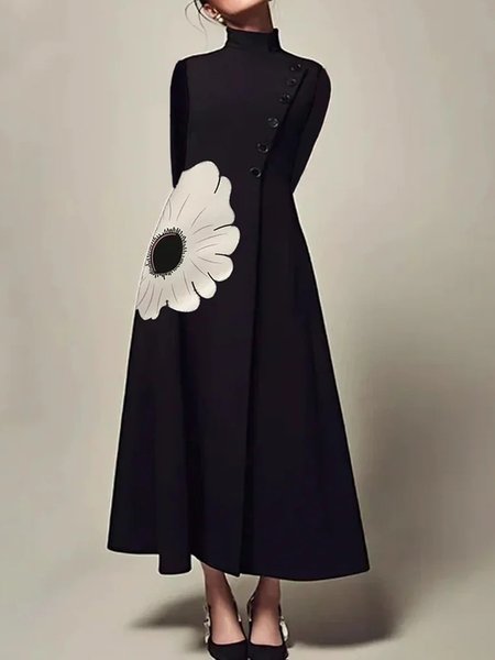 

Elegant Floral Buttoned Stand Collar Dress, Black, Maxi Dresses