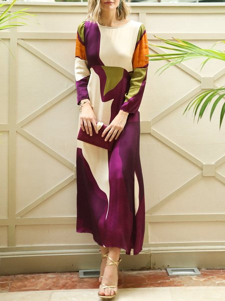 

Elegant Crew Neck Abstract : Long Sleeve Dress, Multicolor, Maxi Dresses
