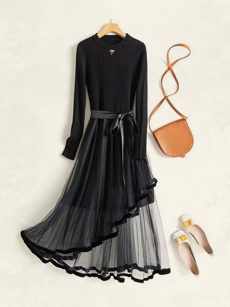 

Women Plain Crew Neck Long Sleeve Comfy Casual Midi Dress, Black, Maxi