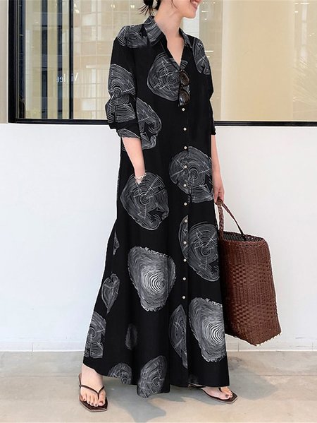 

Casual Loose Shirt Collar Dress With No Belt, Black, Maxi Dresses