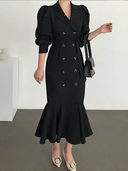 

Loose Plain Urban Shirt Dress, Black, Maxi Dresses
