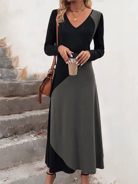 

Color Block V Neck Tee Dress, Black-grey, Maxi Dresses