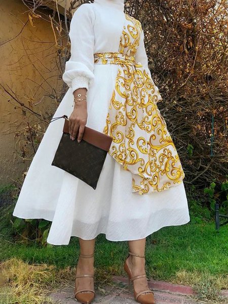 Stand Collar Urban Regular Fit Dress With Belt, White, Midi Dresses