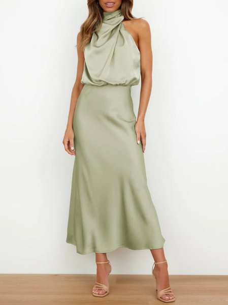 

Women's Sleeveless Summer Plain Ruched Dress Turtleneck Date Going Out Urban Midi X-Line, Green, Dresses