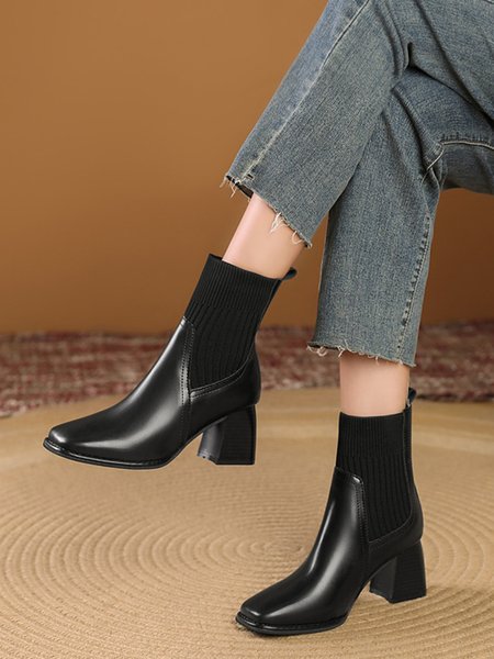 

Color-block Knitted Paneled Square Toe Block Heel Slip On Chelsea Boots, Black, Boots