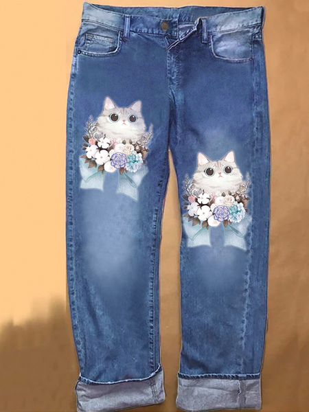

Womens Floral Cat Casual Printed Jeans, Blue, Jeans
