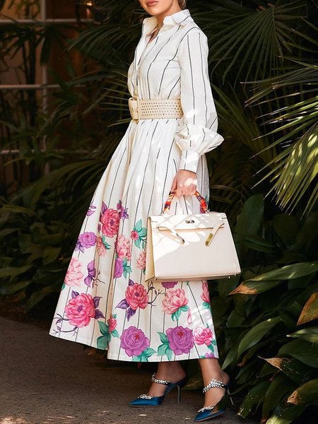

Elegant Shirt Collar Floral Pockets Long Sleeve Dress, White, Maxi Dresses