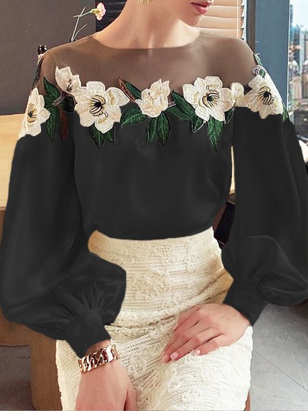 

Elegant Crew Neck Petwork Floral Loose Long Sleeve Shirt, Black, Blouses and Shirts