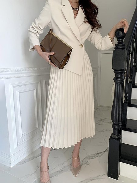 

Regular Fit Plain Urban Lapel Collar Long Sleeve Midi Dress With No Belt, As picture, Midi Dresses