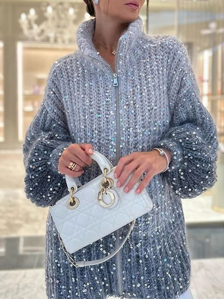 

Women Wool/Knitting Plain Long Sleeve Comfy Casual Glitter Cardigan, Sky blue, Cardigans