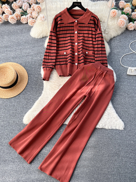 

Women Striped V Neck Long Sleeve Comfy Casual Split Joint Top With Pants Two-Piece Set, Rust, Sets