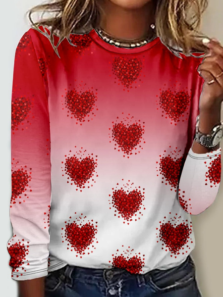 

Crew Neck Heart Ombre Regular Fit Casual Long Sleeve Shirt, Red, T-Shirts