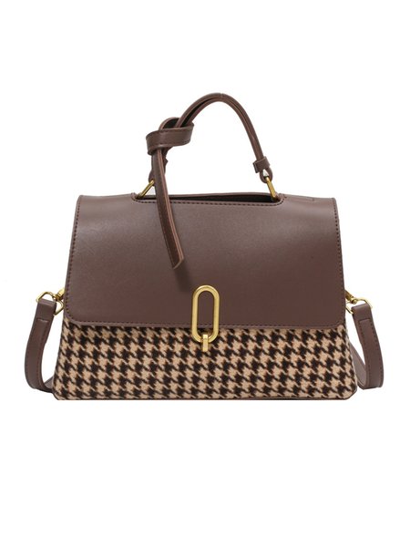 

Metal Decor Houndstooth Pattern Flap Trapezoidal Handbag Commuting Crossbody Bag, Coffee, Bags