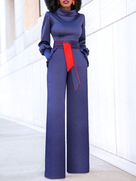 

Urban Stand Collar Regular Fit Striped Jumpsuit, Purplish blue, Jumpsuits