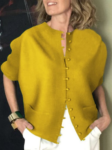 

Daily Plain Crew Neck Casual Loose Jacket, Yellow, Jackets