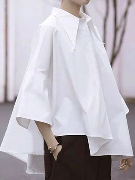 

Plain Urban Shirt Collar Loose Blouse, White, Blouses and Shirts