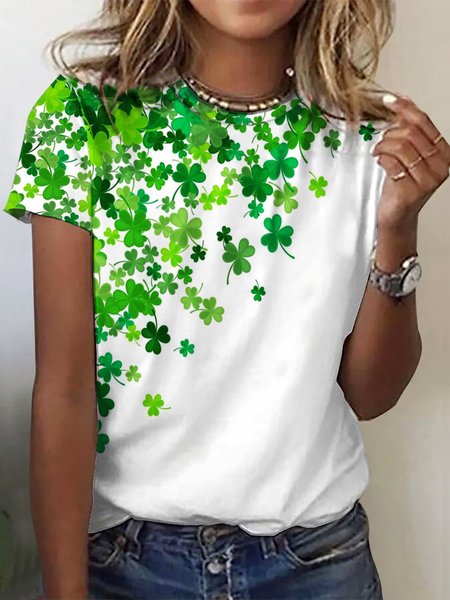

Loose Four-Leaf Clover Crew Neck Casual T-Shirt, Green, T-Shirts