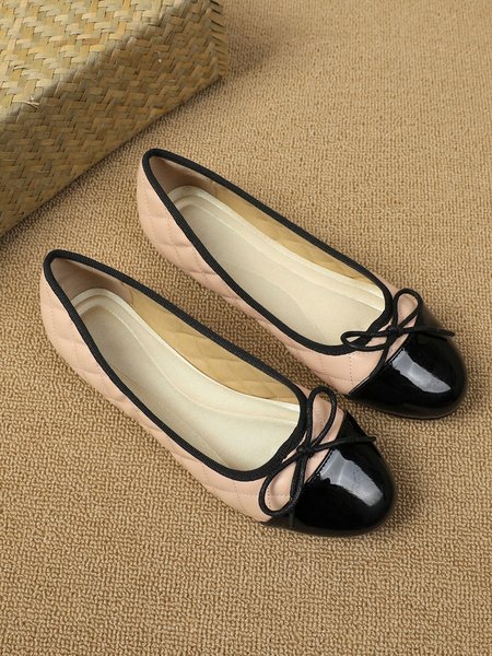 

Casual Bow Decor Color Block Quilted Ballet Flats, Apricot, Flats