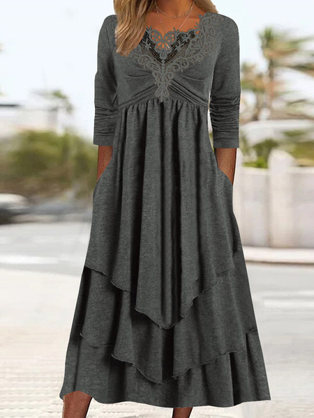 

Women Plain Crew Neck Long Sleeve Comfy Casual Lace Midi Dress, Gray, Dresses