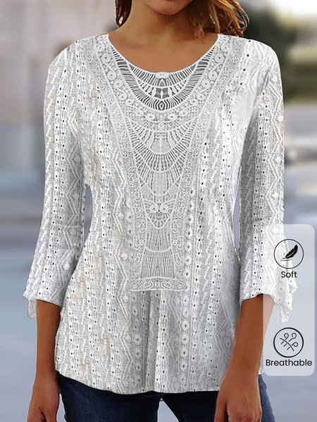 

Crew Neck Three Quarter Sleeve Plain Lace Regular Micro-Elasticity Loose Shirt For Women, White, Blouses