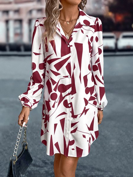 

Shirt Collar Loose Simple Color Block Dress With No Belt, Wine red, Dresses