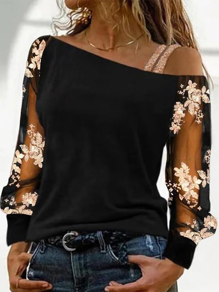 

One Shoulder Elegant Lace Loose Shirt, Black, Shirts & Blouses
