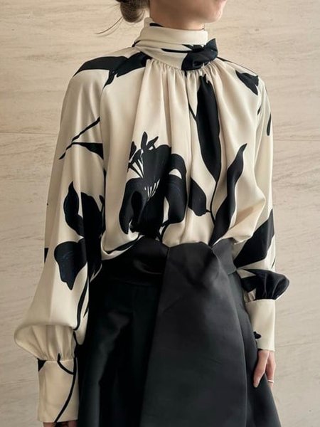

Urban Loose Floral Stand Collar Shirt, Black-white, Blouses and Shirts