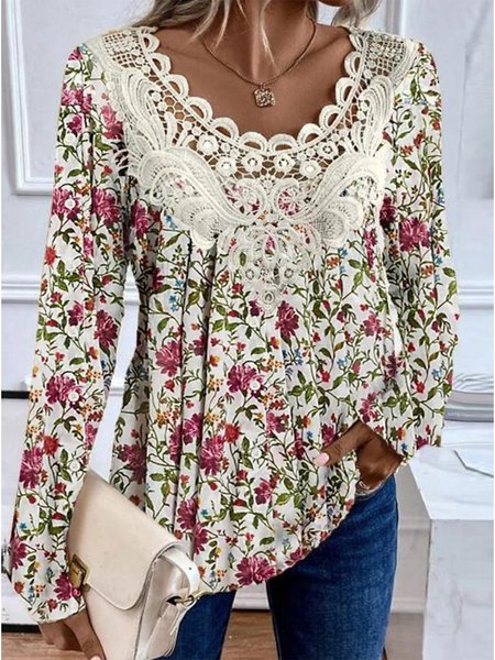 Crew Neck Jersey Lace Casual Shirt