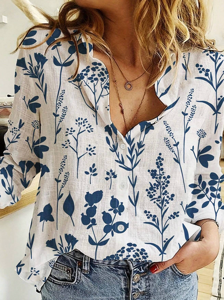 Shirt Collar Floral Loose Linen Style Blouse