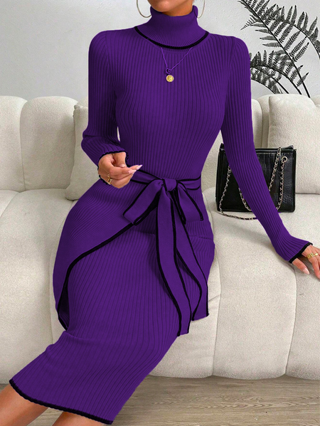

Tight Color Block Elegant Turtleneck Sweater Midi Dress With Belt, Purple, Midi Dresses