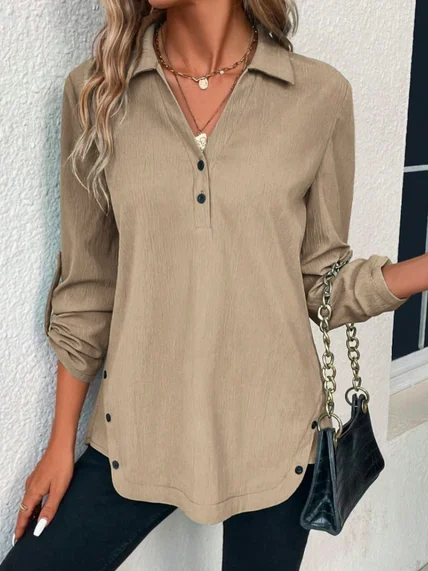 

Women's Shirt Blouse Linen Plain Casual Button Long Sleeve Fashion Shirt Collar Regular Fit Spring & Fall, Light khaki, Blouses & Shirts