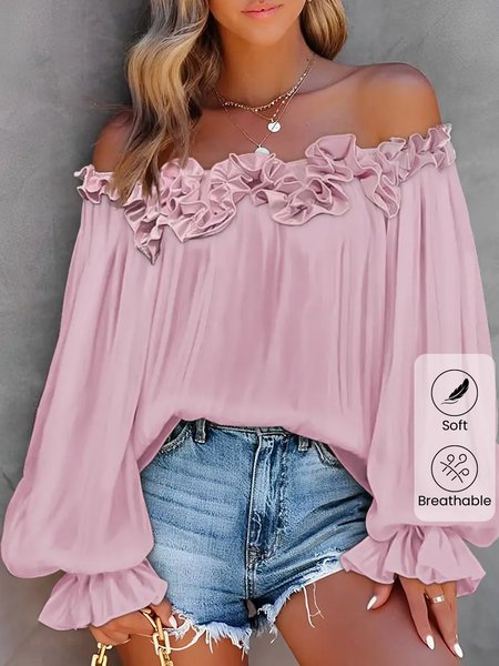 Women's Blouse Frill Trim Cold Shoulder Long Sleeve Plain Regular Loose Shirt, Pink, Blouses
