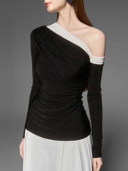

Urban Cold Shoulder Off Shoulder Sleeve Tight Blouse, Black-white, Blouses and Shirts