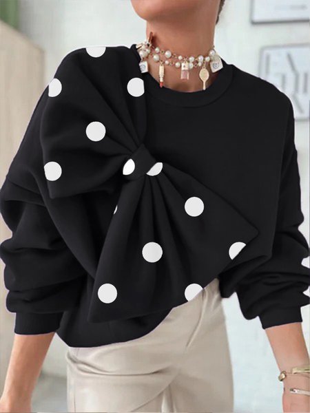 

Daily Casual Bow Polka Dots Loose Sweatshirt, Black, Hoodies and Sweatshirts