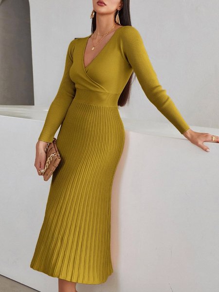 

Elegant V Neck Plain Regular Fit Sweater Dress, Yellow, Midi Dresses