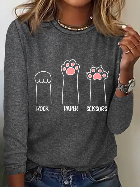 

Rock Paper Scissors Hand Game Cute Paw Funny Cat Cotton-Blend Regular Fit Crew Neck Simple Long Sleeve Shirt, Gray, Long sleeves