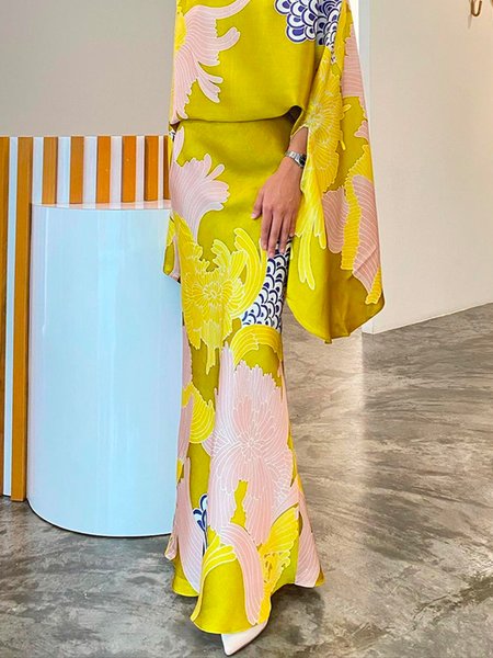 Floral Regular Fit Elegant Maxi Skirt, Yellow, Skirts