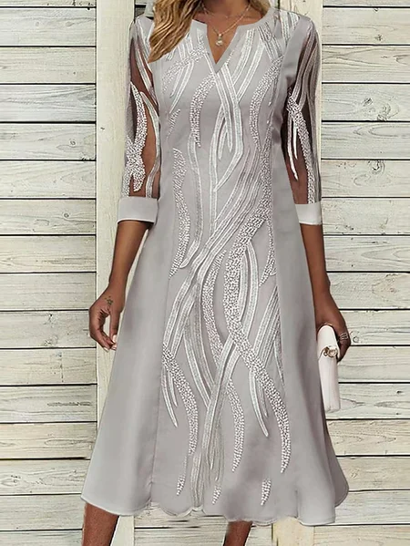 

Women Lace Notched Neck Half Sleeve Formal Elegant Midi Dress Wedding Guest Dress, Gray, Formal Dresses