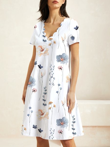 

Women Floral V Neck Short Sleeve Comfy Casual Midi Dress, White, Dresses