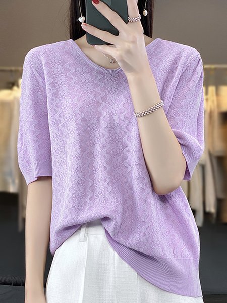 

V Neck Short Sleeve Plain Regular Micro-Elasticity Loose Shirt For Women, Purple, Blouses