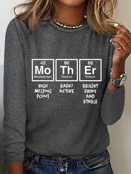 

Womens Mother Periodic Table T Shirt Funny Novelty Graphic Simple Crew Neck Shirt, Gray, Long sleeves