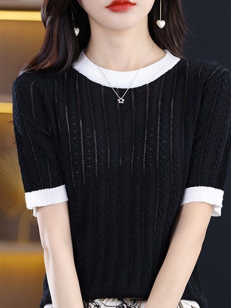 

Crew Neck Short Sleeve Plain Regular Micro-Elasticity Loose Shirt For Women, Black, Blouses