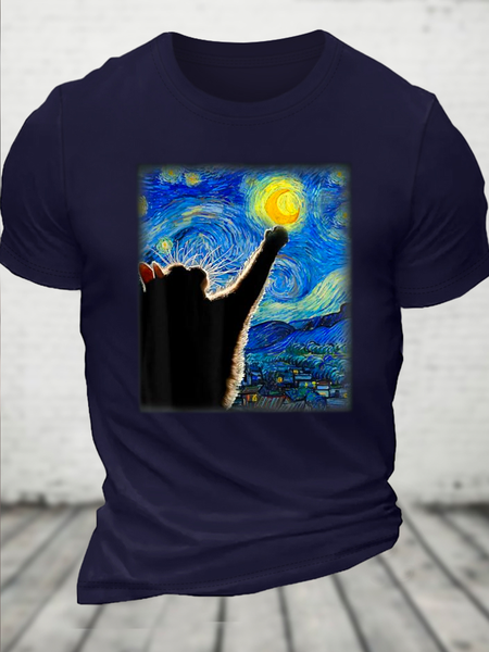 

Cotton Van Gogh Starry Night Cat Casual Cat Loose T-Shirt, Dark blue, T-shirts