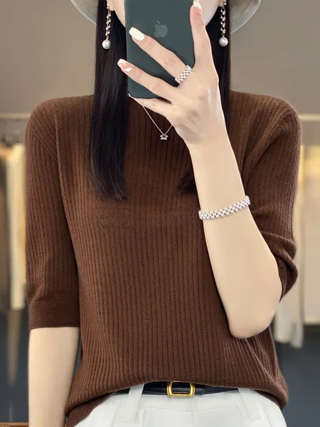 

Crew Neck Short Sleeve Plain Regular Micro-Elasticity Loose Shirt For Women, Coffee, Blouses