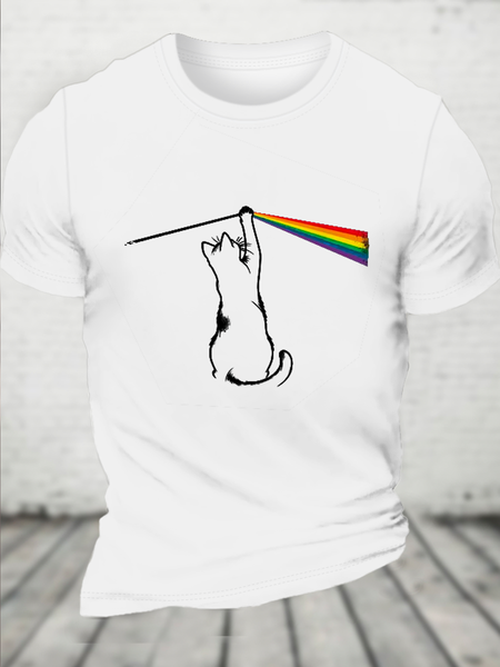 Cotton Funny Cat Rock Music Casual T-Shirt, White, T-shirts